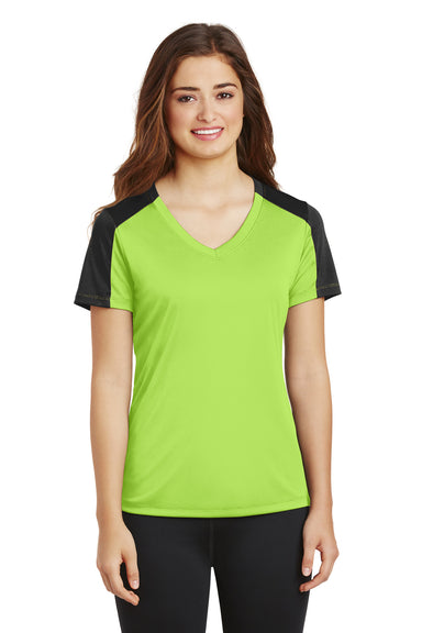 Sport-Tek LST354 Womens Competitor Moisture Wicking Short Sleeve V-Neck T-Shirt Lime Green/Black Front