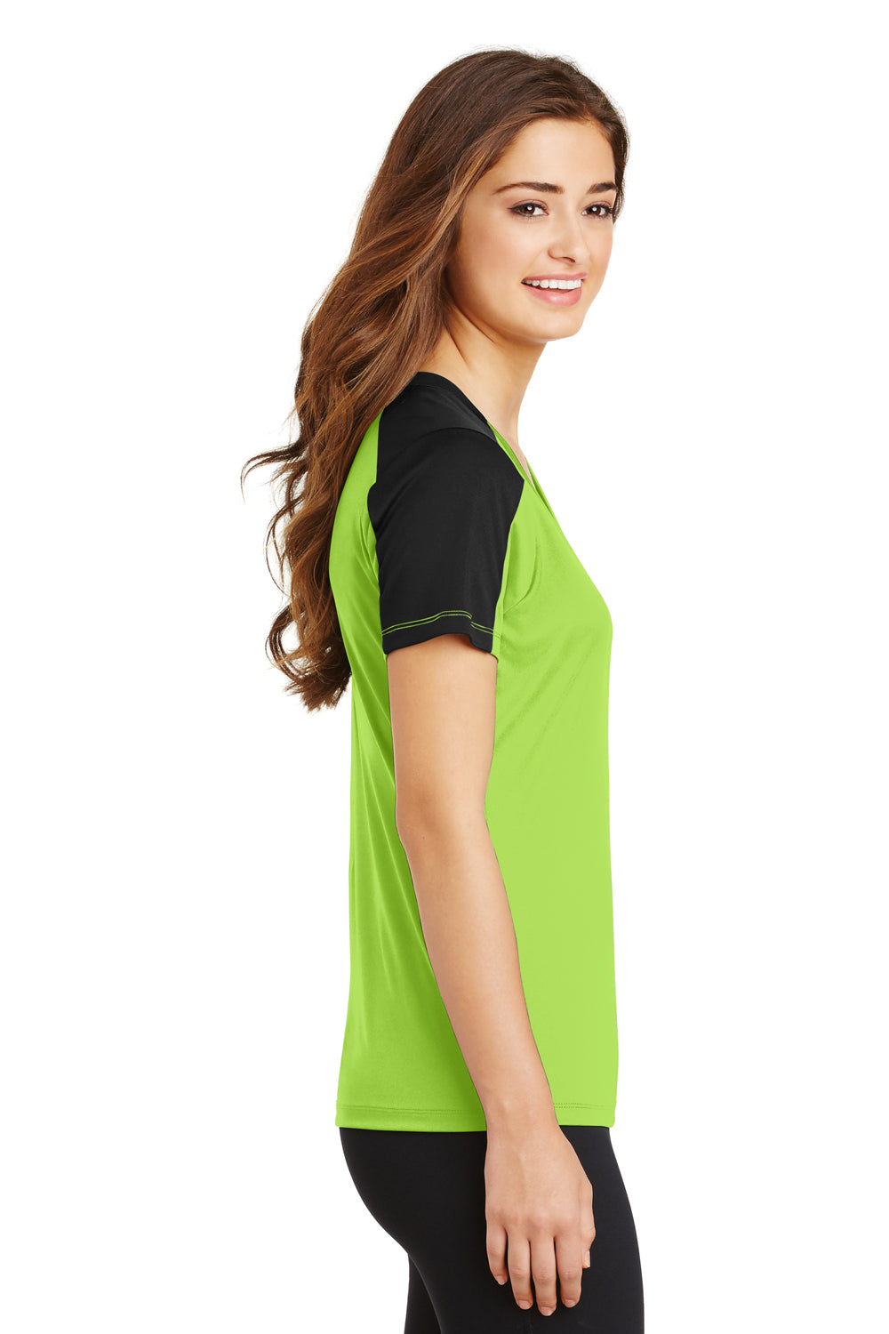 Sport-Tek LST354 Womens Competitor Moisture Wicking Short Sleeve V-Neck T-Shirt Lime Green/Black Side