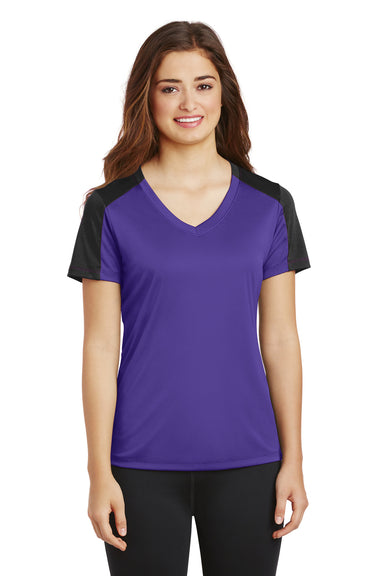 Sport-Tek LST354 Womens Competitor Moisture Wicking Short Sleeve V-Neck T-Shirt Purple/Black Front