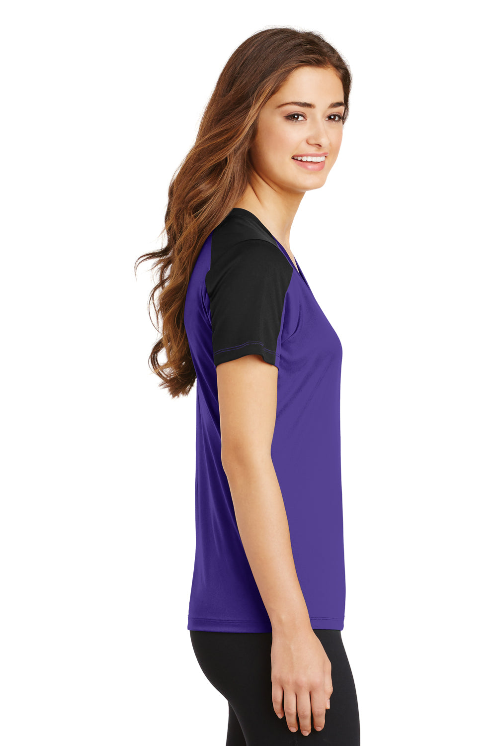 Sport-Tek LST354 Womens Competitor Moisture Wicking Short Sleeve V-Neck T-Shirt Purple/Black Side
