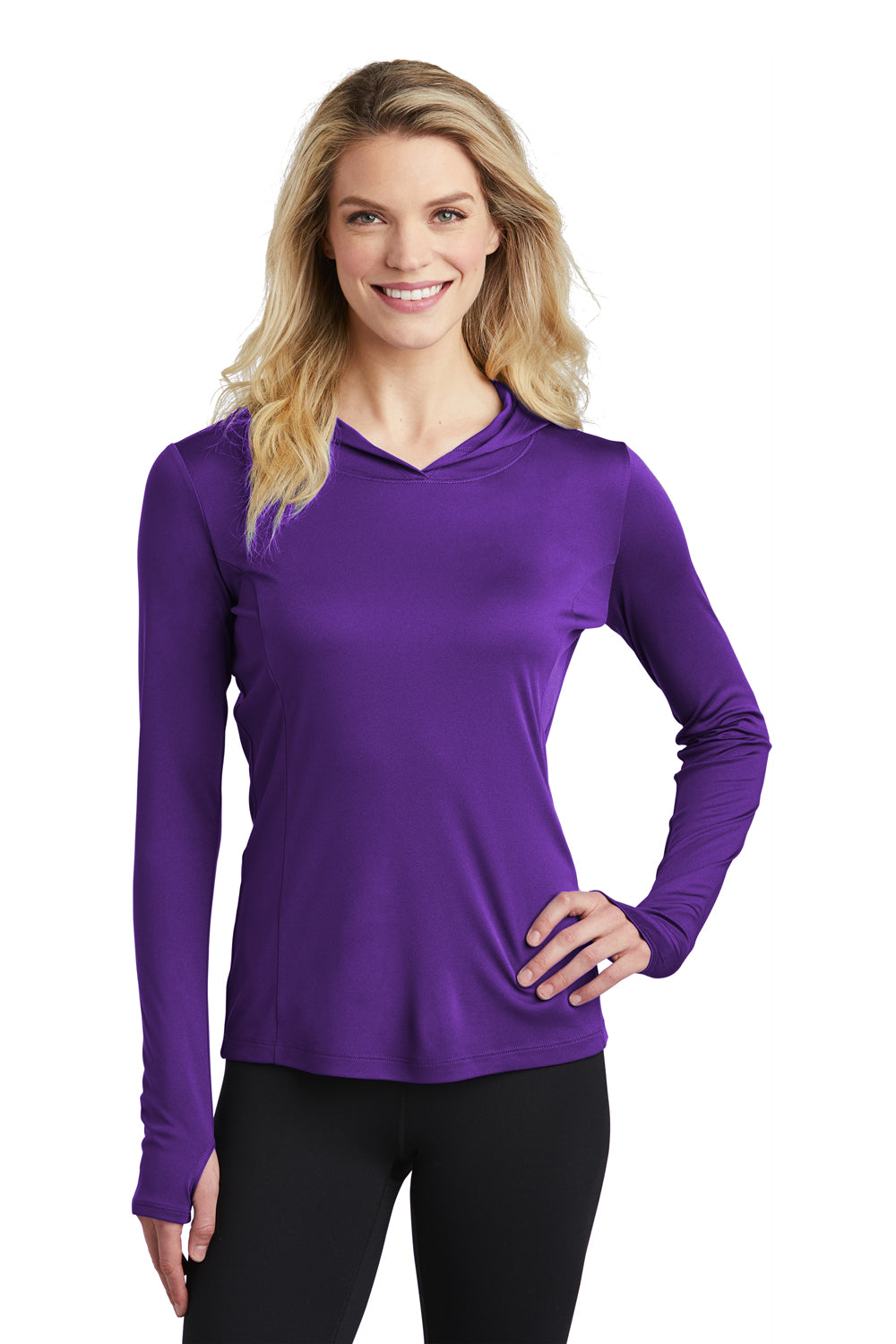 Sport-Tek LST358 Womens Competitor Moisture Wicking Long Sleeve Hooded T-Shirt Hoodie Purple Front