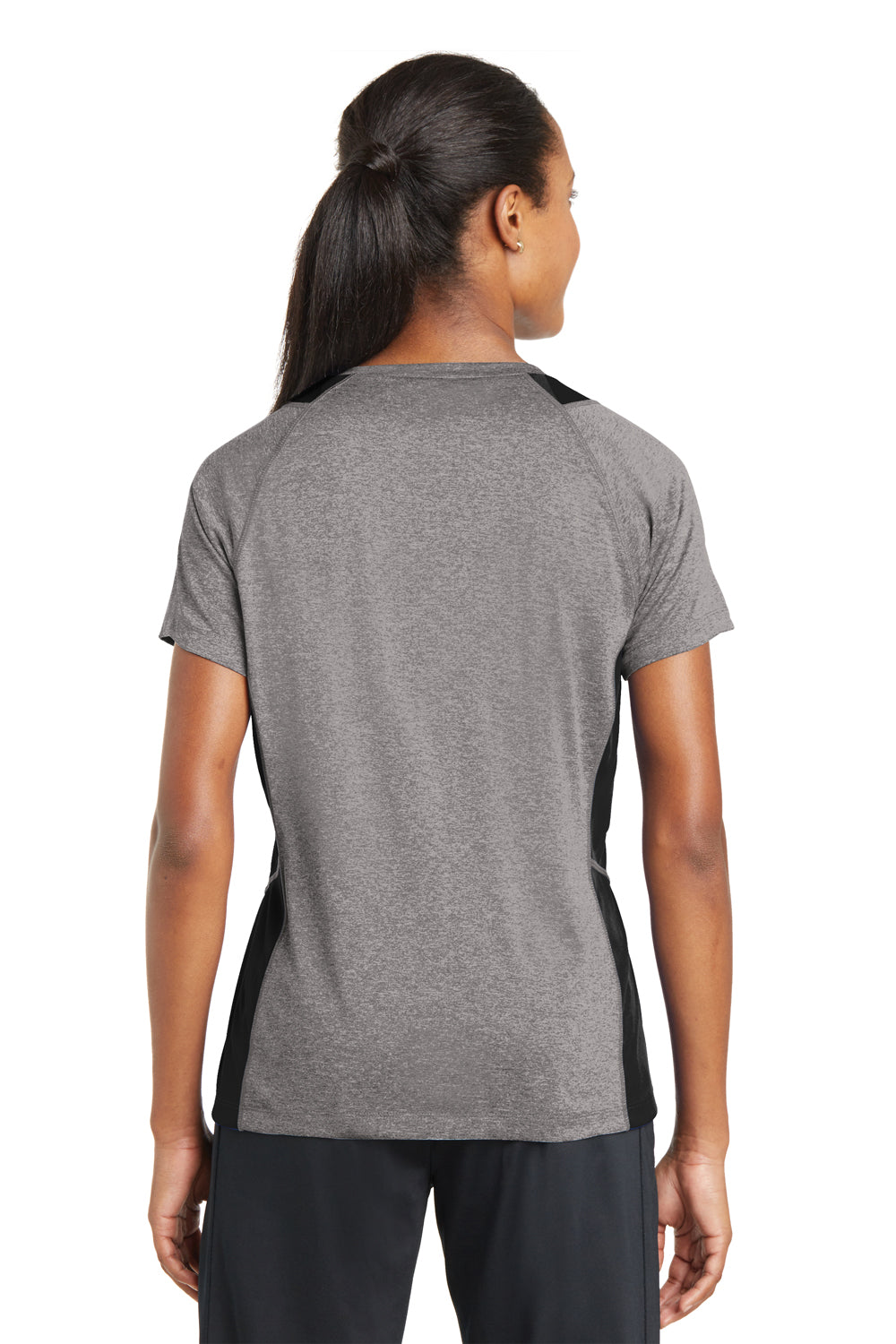 Sport-Tek LST361 Womens Contender Heather Moisture Wicking Short Sleeve V-Neck T-Shirt Vintage Grey/Black Back