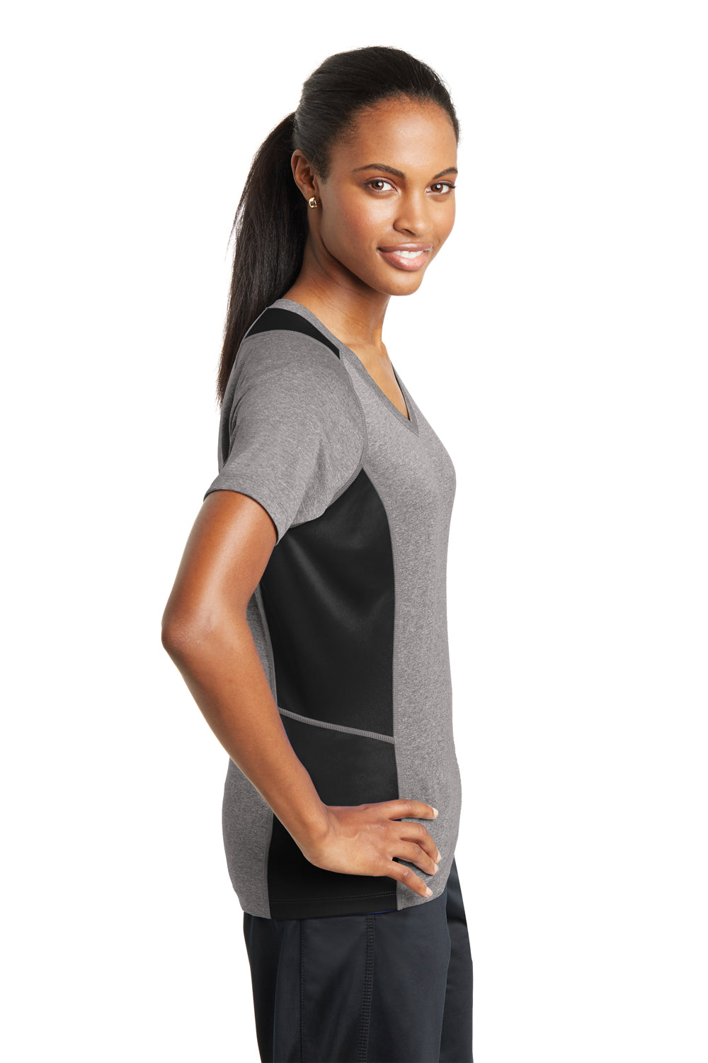 Sport-Tek LST361 Womens Contender Heather Moisture Wicking Short Sleeve V-Neck T-Shirt Vintage Grey/Black Side