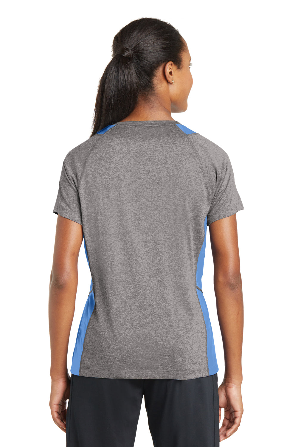 Sport-Tek LST361 Womens Contender Heather Moisture Wicking Short Sleeve V-Neck T-Shirt Vintage Grey/Carolina Blue Back