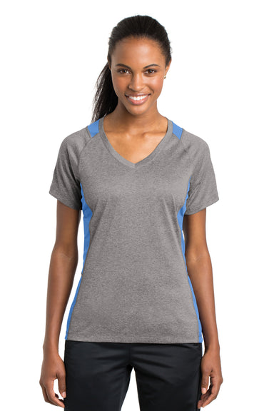 Sport-Tek LST361 Womens Contender Heather Moisture Wicking Short Sleeve V-Neck T-Shirt Vintage Grey/Carolina Blue Front