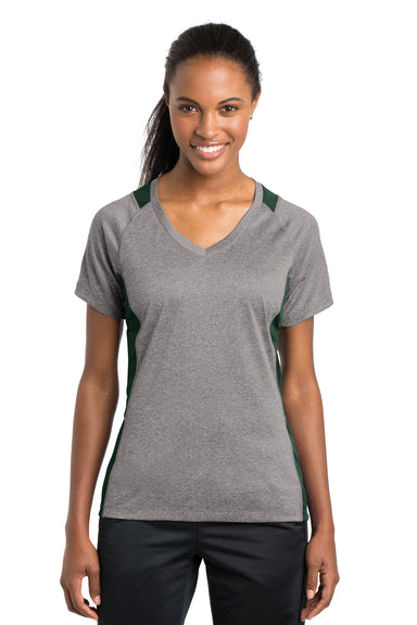 Sport-Tek LST361 Womens Contender Heather Moisture Wicking Short Sleeve V-Neck T-Shirt Vintage Grey/Forest Green Front