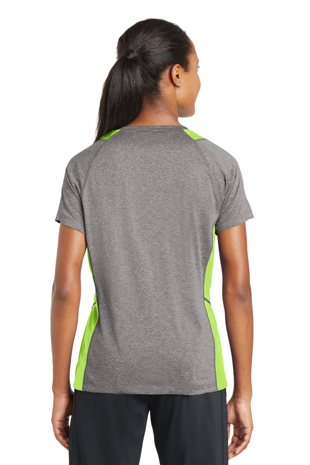 Sport-Tek LST361 Womens Contender Heather Moisture Wicking Short Sleeve V-Neck T-Shirt Vintage Grey/Lime Green Back