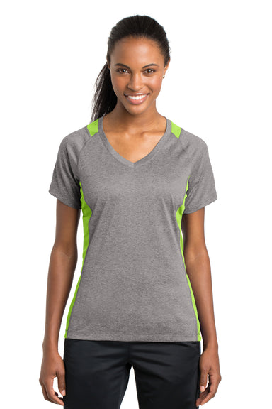 Sport-Tek LST361 Womens Contender Heather Moisture Wicking Short Sleeve V-Neck T-Shirt Vintage Grey/Lime Green Front