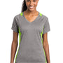 Sport-Tek Womens Contender Heather Moisture Wicking Short Sleeve V-Neck T-Shirt - Heather Vintage Grey/Lime Shock Green