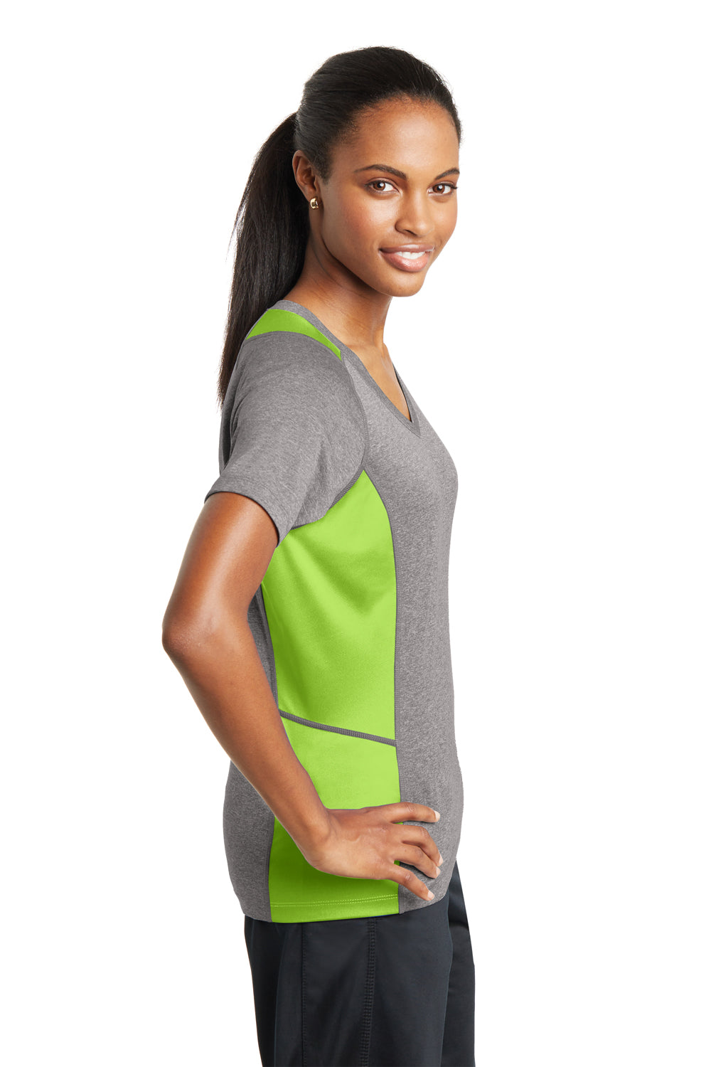 Sport-Tek LST361 Womens Contender Heather Moisture Wicking Short Sleeve V-Neck T-Shirt Vintage Grey/Lime Green Side