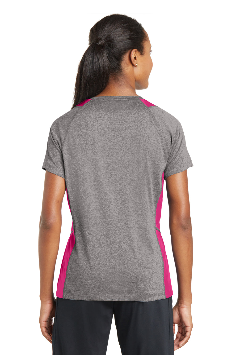 Sport-Tek LST361 Womens Contender Heather Moisture Wicking Short Sleeve V-Neck T-Shirt Vintage Grey/Fuchsia Pink Back