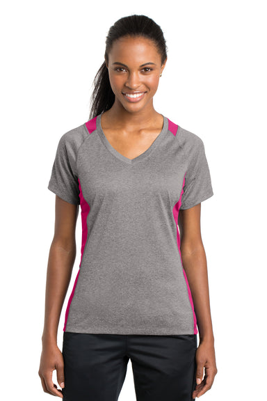 Sport-Tek LST361 Womens Contender Heather Moisture Wicking Short Sleeve V-Neck T-Shirt Vintage Grey/Fuchsia Pink Front