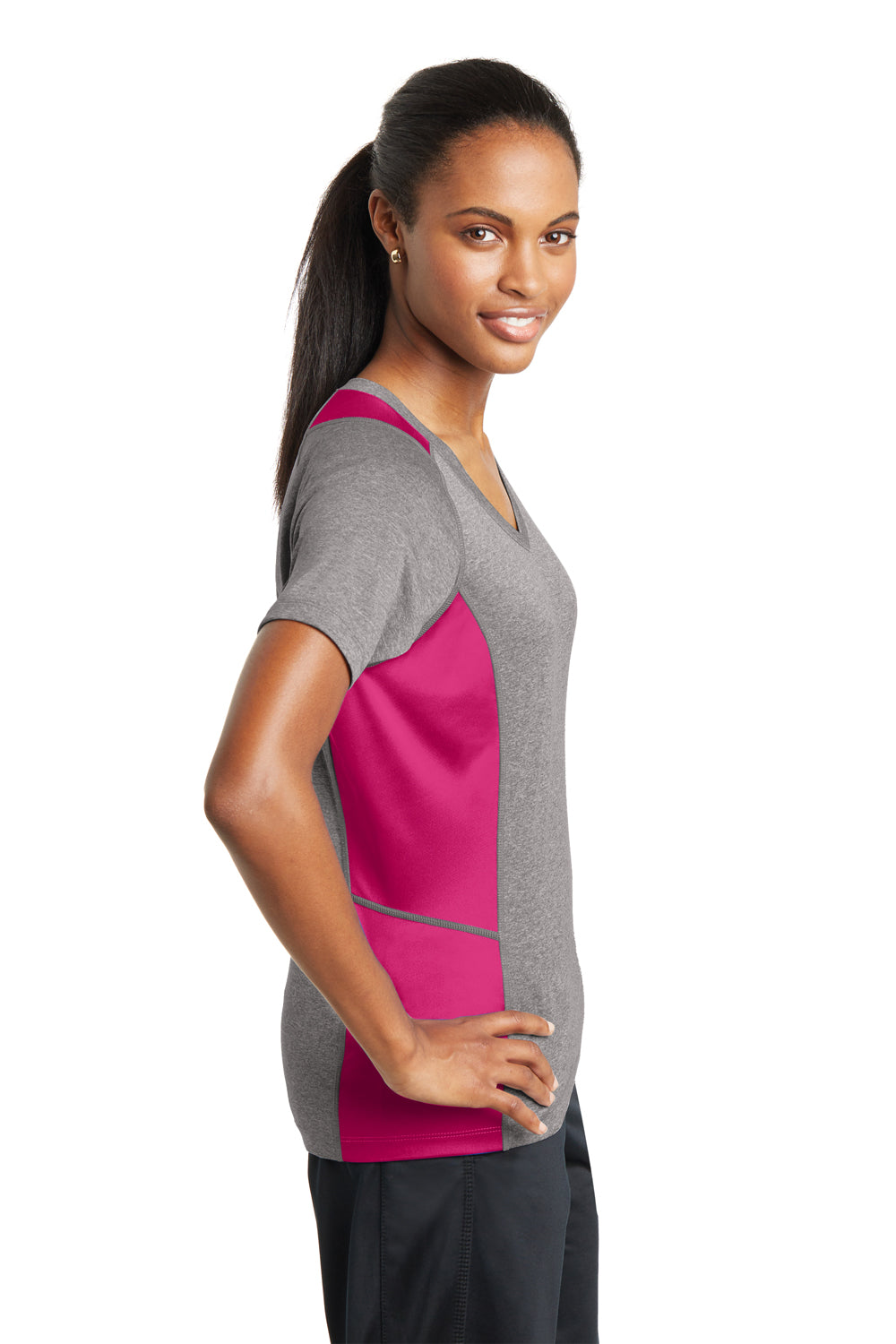 Sport-Tek LST361 Womens Contender Heather Moisture Wicking Short Sleeve V-Neck T-Shirt Vintage Grey/Fuchsia Pink Side