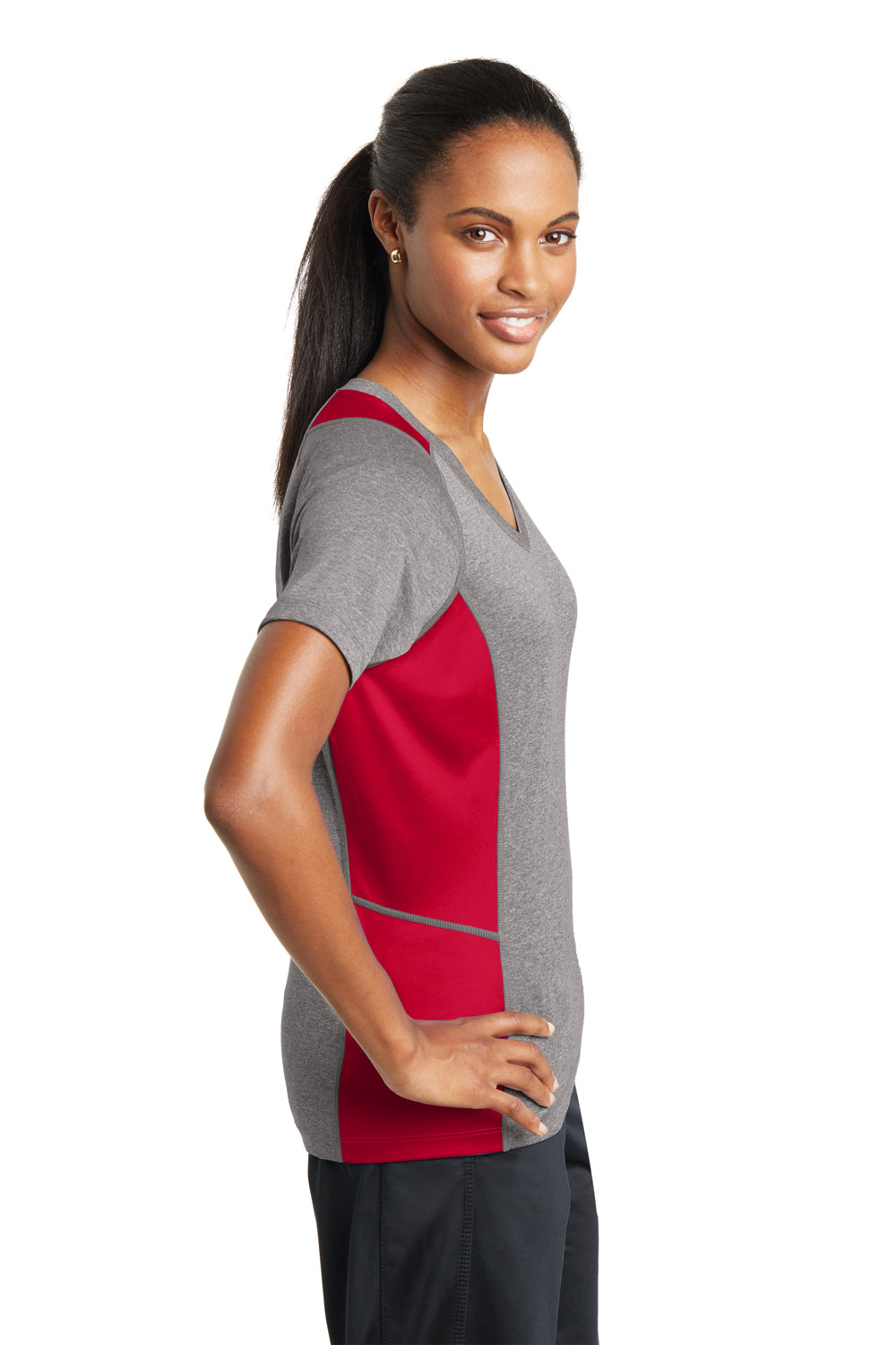 Sport-Tek LST361 Womens Contender Heather Moisture Wicking Short Sleeve V-Neck T-Shirt Vintage Grey/Red Side
