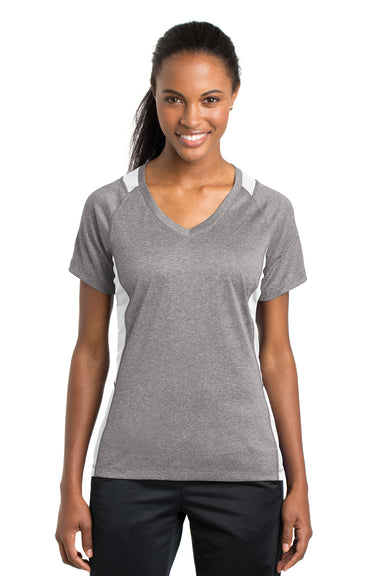 Sport-Tek LST361 Womens Contender Heather Moisture Wicking Short Sleeve V-Neck T-Shirt Vintage Grey/White Front