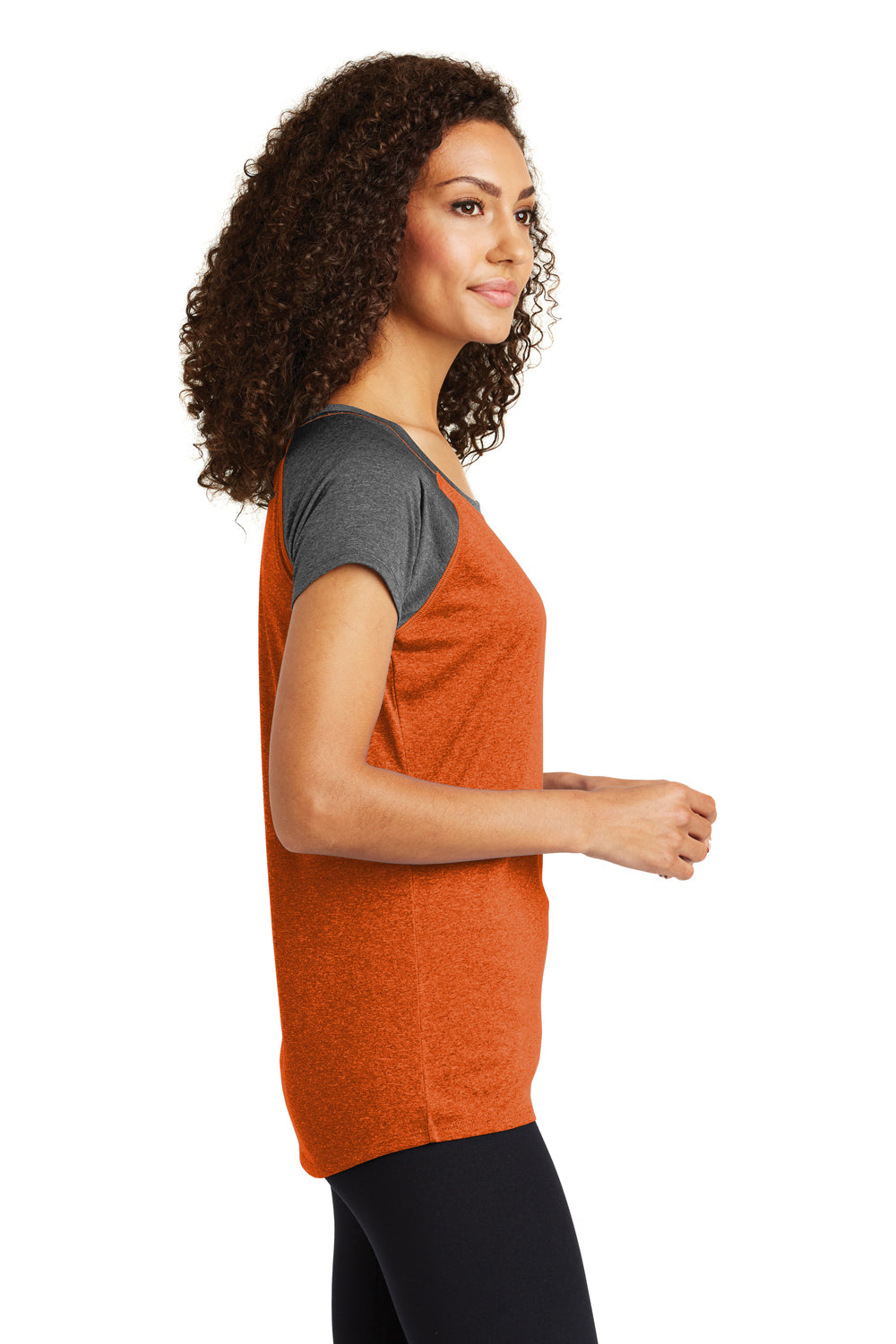 Sport-Tek LST362 Womens Contender Heather Moisture Wicking Short Sleeve Wide Neck T-Shirt Orange/Graphite Grey Side