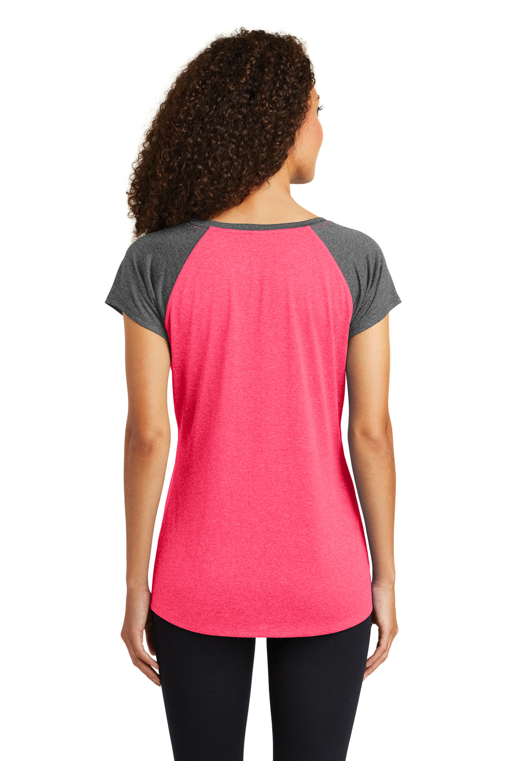 Sport-Tek LST362 Womens Contender Heather Moisture Wicking Short Sleeve Wide Neck T-Shirt Fuchsia Pink/Graphite Grey Back