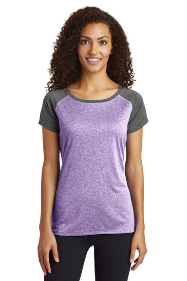 Sport-Tek LST362 Womens Contender Heather Moisture Wicking Short Sleeve Wide Neck T-Shirt Purple/Graphite Grey Front