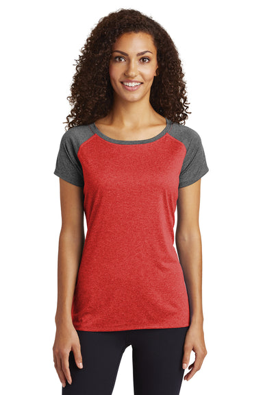 Sport-Tek LST362 Womens Contender Heather Moisture Wicking Short Sleeve Wide Neck T-Shirt Red/Graphite Grey Front