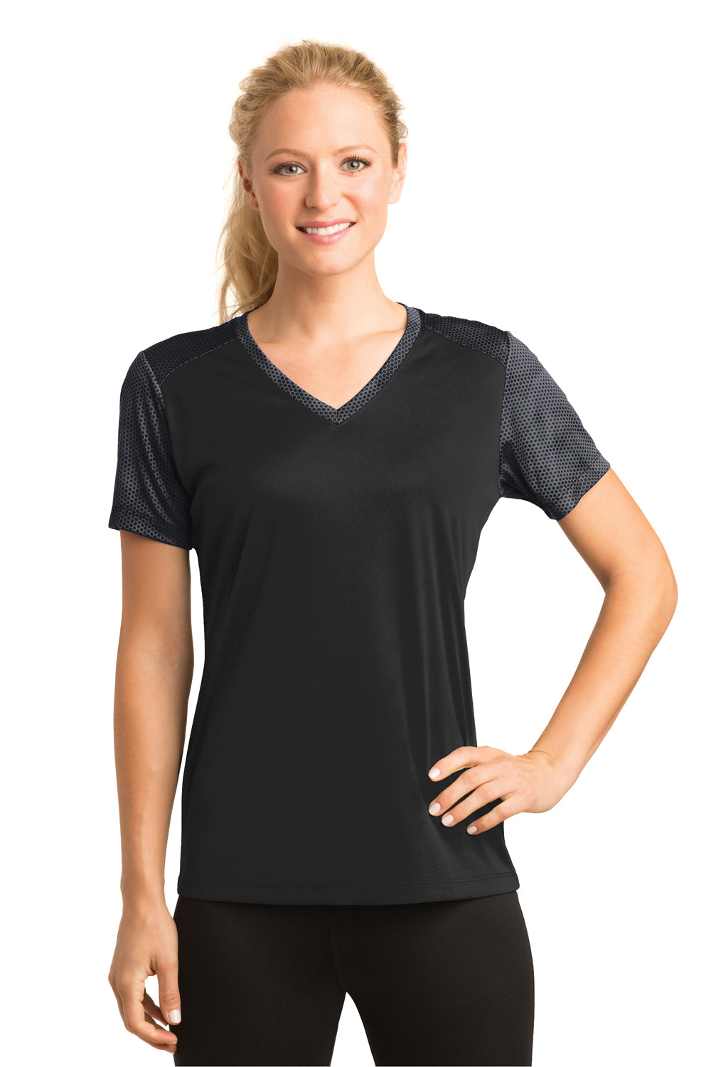Sport-Tek LST371 Womens CamoHex Moisture Wicking Short Sleeve V-Neck T-Shirt Black/Grey Front