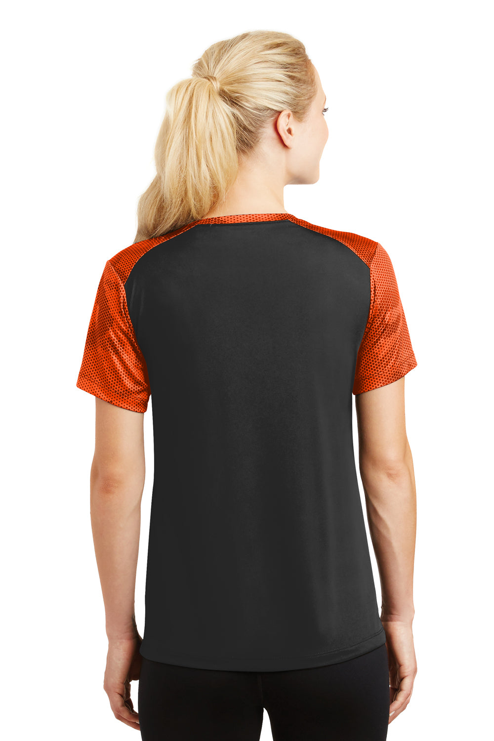 Sport-Tek LST371 Womens CamoHex Moisture Wicking Short Sleeve V-Neck T-Shirt Black/Orange Back