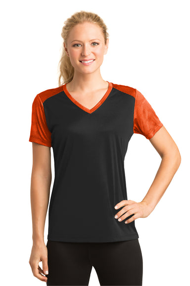 Sport-Tek LST371 Womens CamoHex Moisture Wicking Short Sleeve V-Neck T-Shirt Black/Orange Front