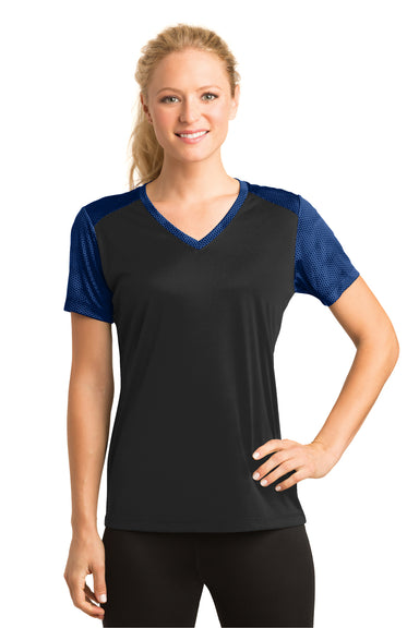 Sport-Tek LST371 Womens CamoHex Moisture Wicking Short Sleeve V-Neck T-Shirt Black/Royal Blue Front