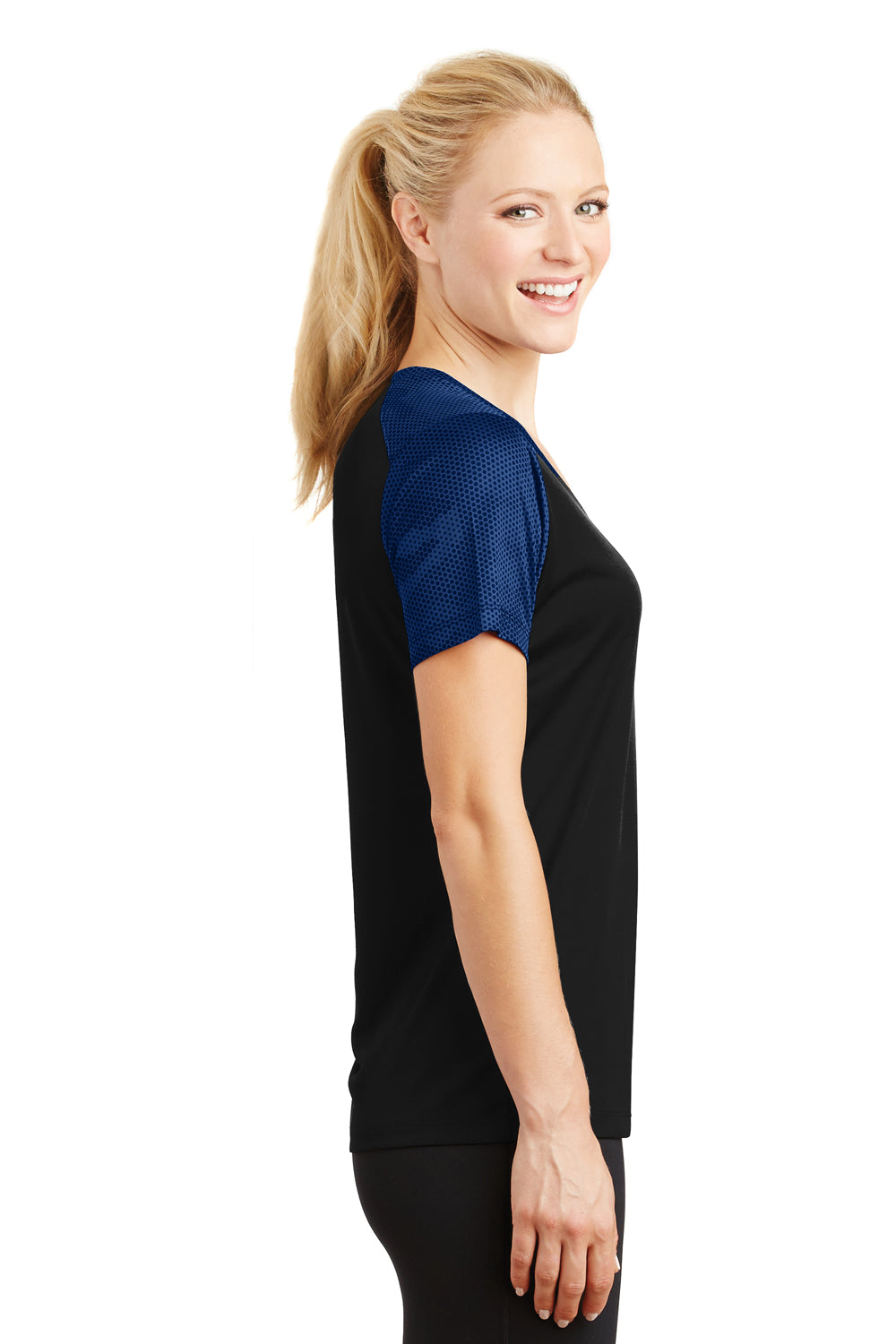 Sport-Tek LST371 Womens CamoHex Moisture Wicking Short Sleeve V-Neck T-Shirt Black/Royal Blue Side