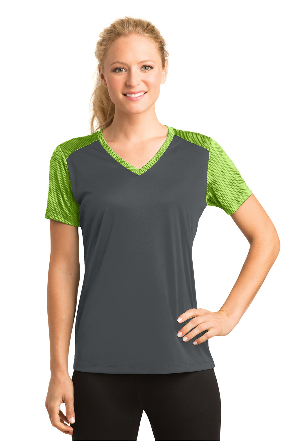 Sport-Tek LST371 Womens CamoHex Moisture Wicking Short Sleeve V-Neck T-Shirt Iron Grey/Lime Green Front