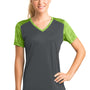 Sport-Tek Womens CamoHex Moisture Wicking Short Sleeve V-Neck T-Shirt - Iron Grey/Lime Shock Green - Closeout
