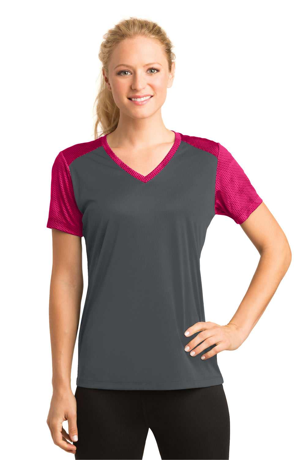 Sport-Tek LST371 Womens CamoHex Moisture Wicking Short Sleeve V-Neck T-Shirt Iron Grey/Fuchsia Pink Front