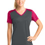 Sport-Tek Womens CamoHex Moisture Wicking Short Sleeve V-Neck T-Shirt - Iron Grey/Raspberry Pink - Closeout