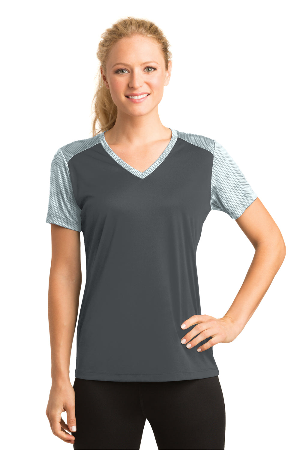 Sport-Tek LST371 Womens CamoHex Moisture Wicking Short Sleeve V-Neck T-Shirt Iron Grey/White Front