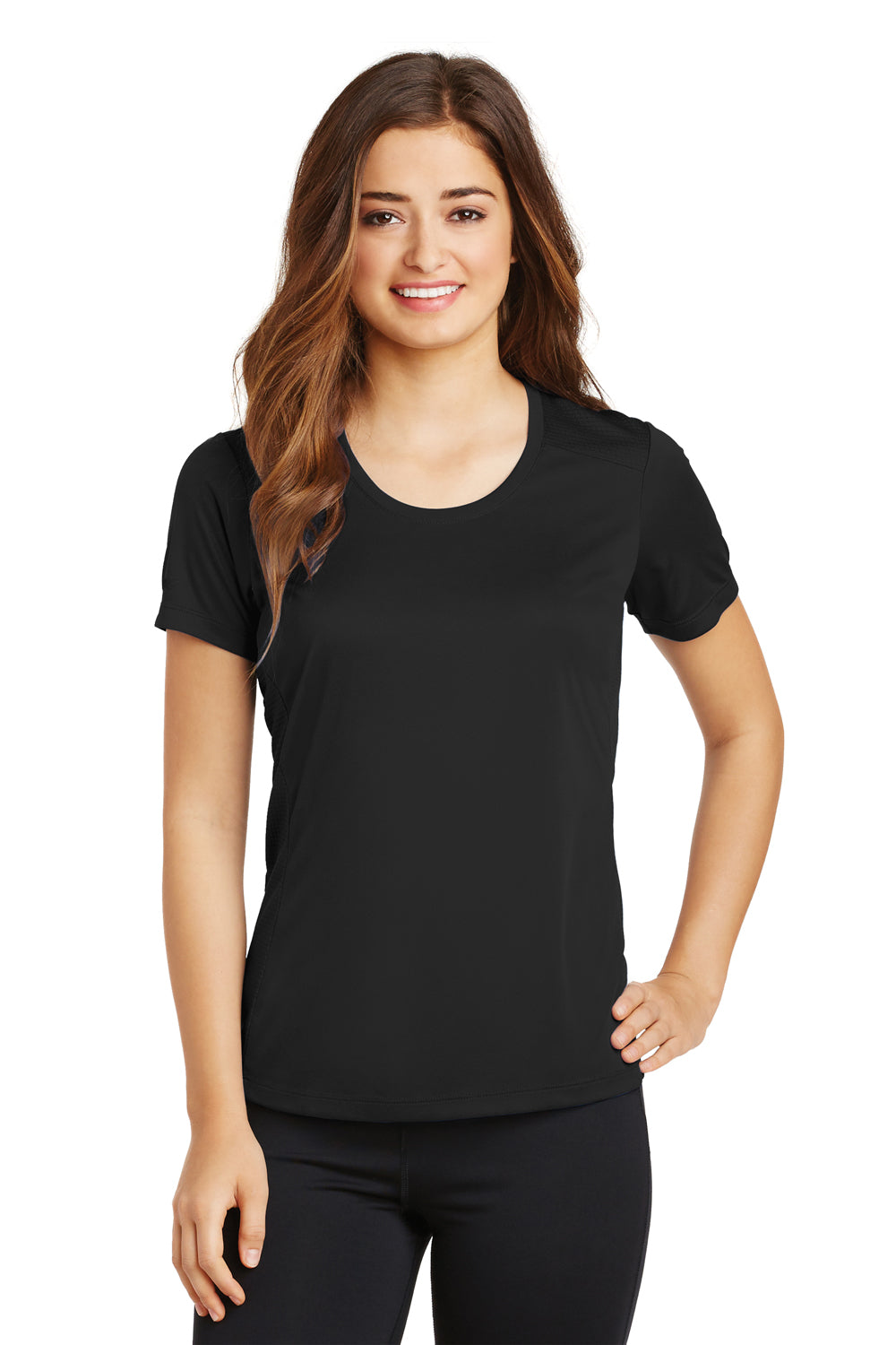 Sport-Tek LST380 Womens Elevate Moisture Wicking Short Sleeve Scoop Neck T-Shirt Black Front