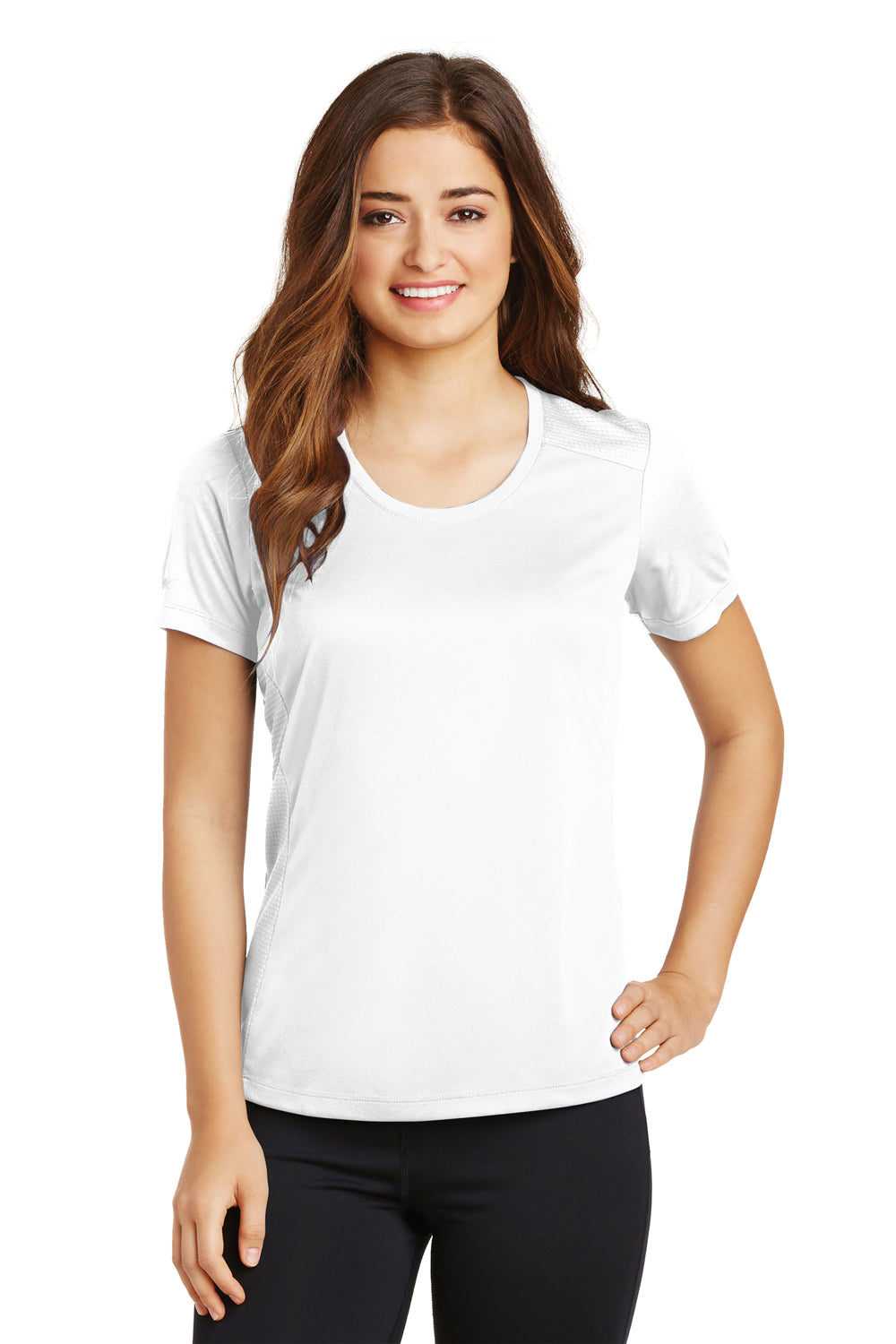 Sport-Tek LST380 Womens Elevate Moisture Wicking Short Sleeve Scoop Neck T-Shirt White Front