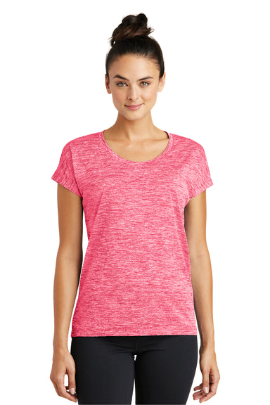 Sport-Tek LST390 Womens Electric Heather Moisture Wicking Short Sleeve Crewneck T-Shirt Fuchsia Pink Front