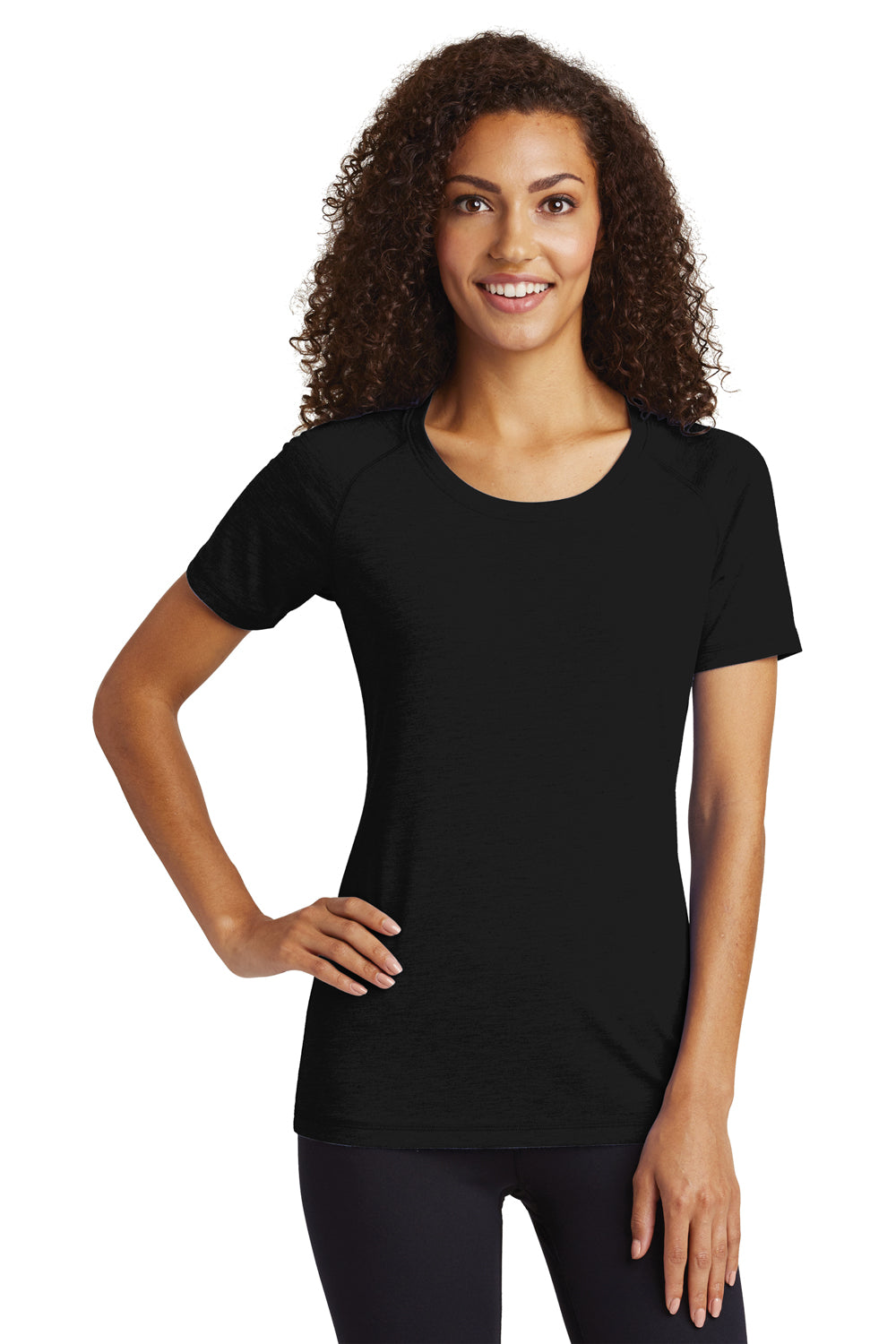 Sport-Tek LST400 Womens Moisture Wicking Short Sleeve Scoop Neck T-Shirt Black Front
