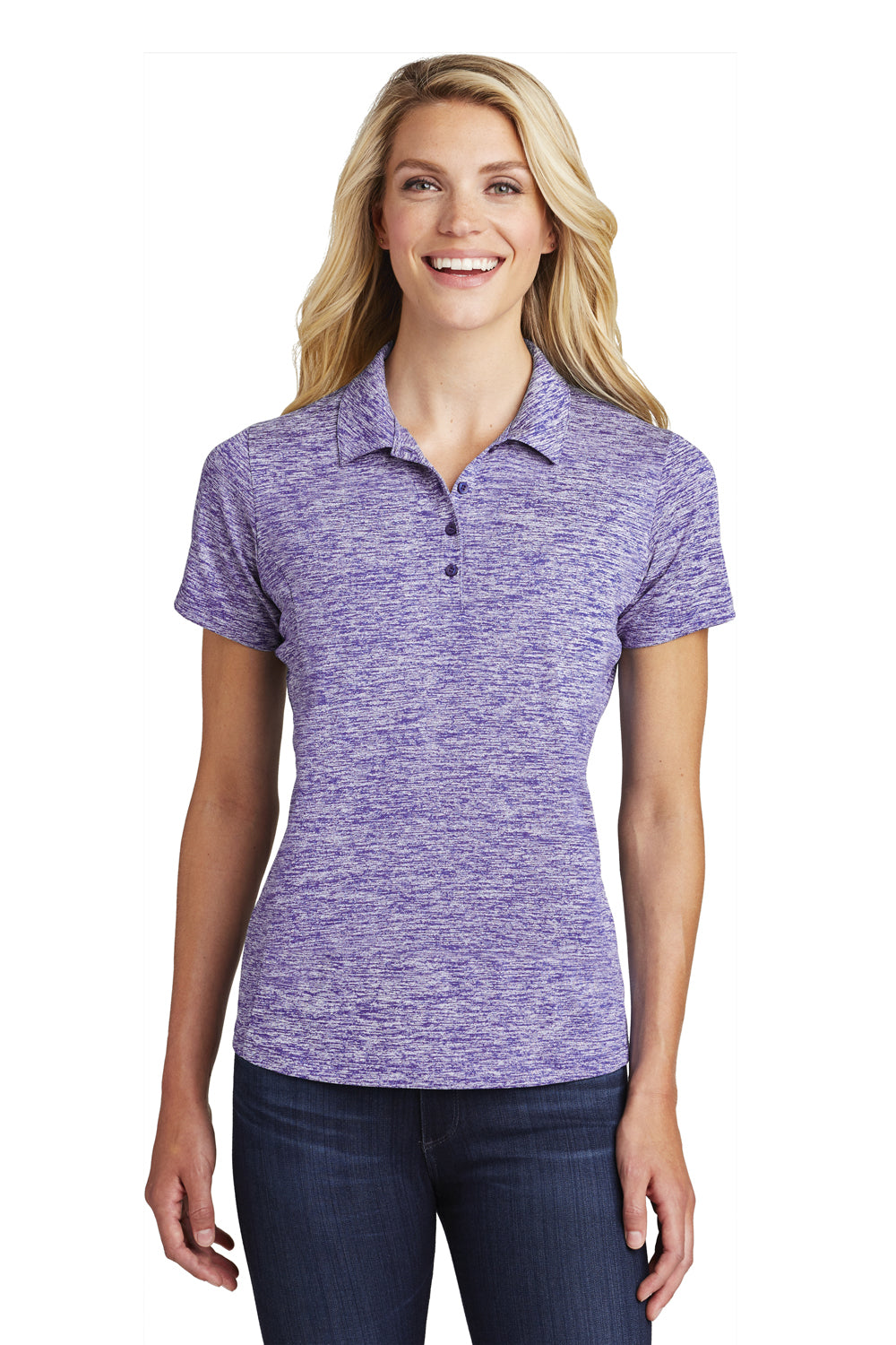 Sport-Tek LST590 Womens Electric Heather Moisture Wicking Short Sleeve Polo Shirt Purple Front