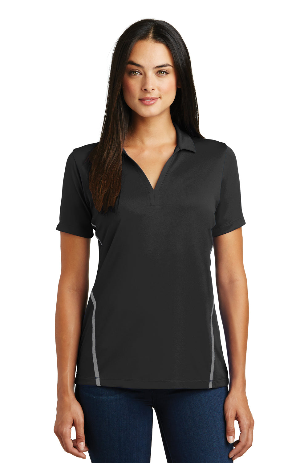 Sport-Tek LST620 Womens Tough Moisture Wicking Short Sleeve Polo Shirt Black/Grey Front