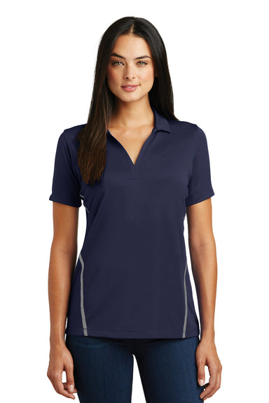 Sport-Tek LST620 Womens Tough Moisture Wicking Short Sleeve Polo Shirt Navy Blue/Grey Front