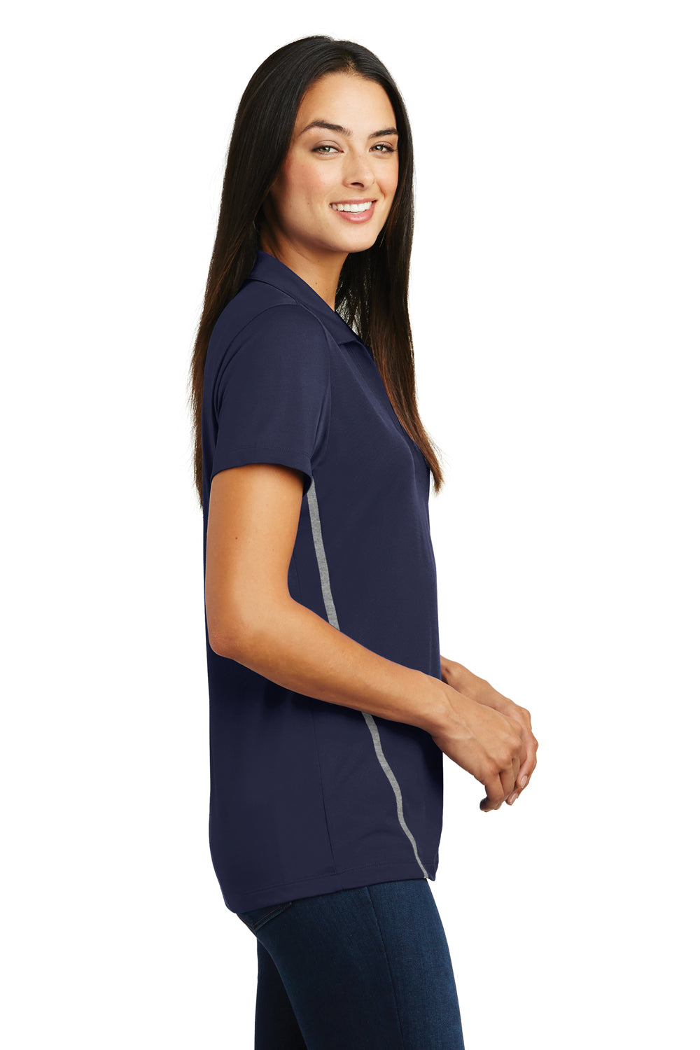 Sport-Tek LST620 Womens Tough Moisture Wicking Short Sleeve Polo Shirt Navy Blue/Grey Side