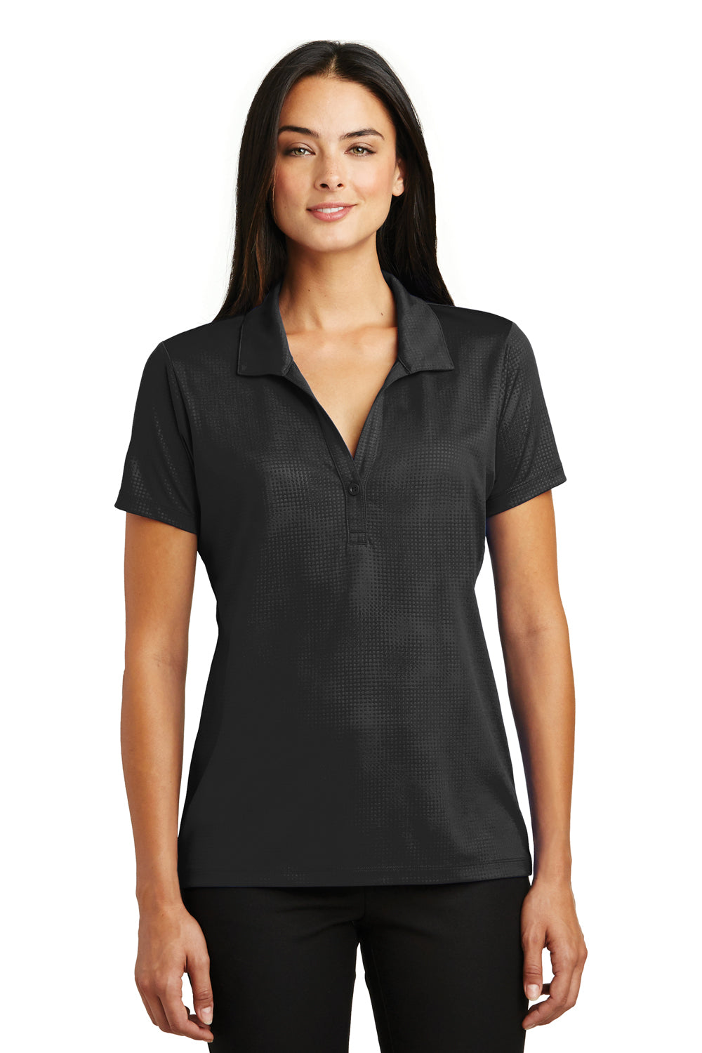 Sport-Tek LST630 Womens Tough Moisture Wicking Short Sleeve Polo Shirt Black Front
