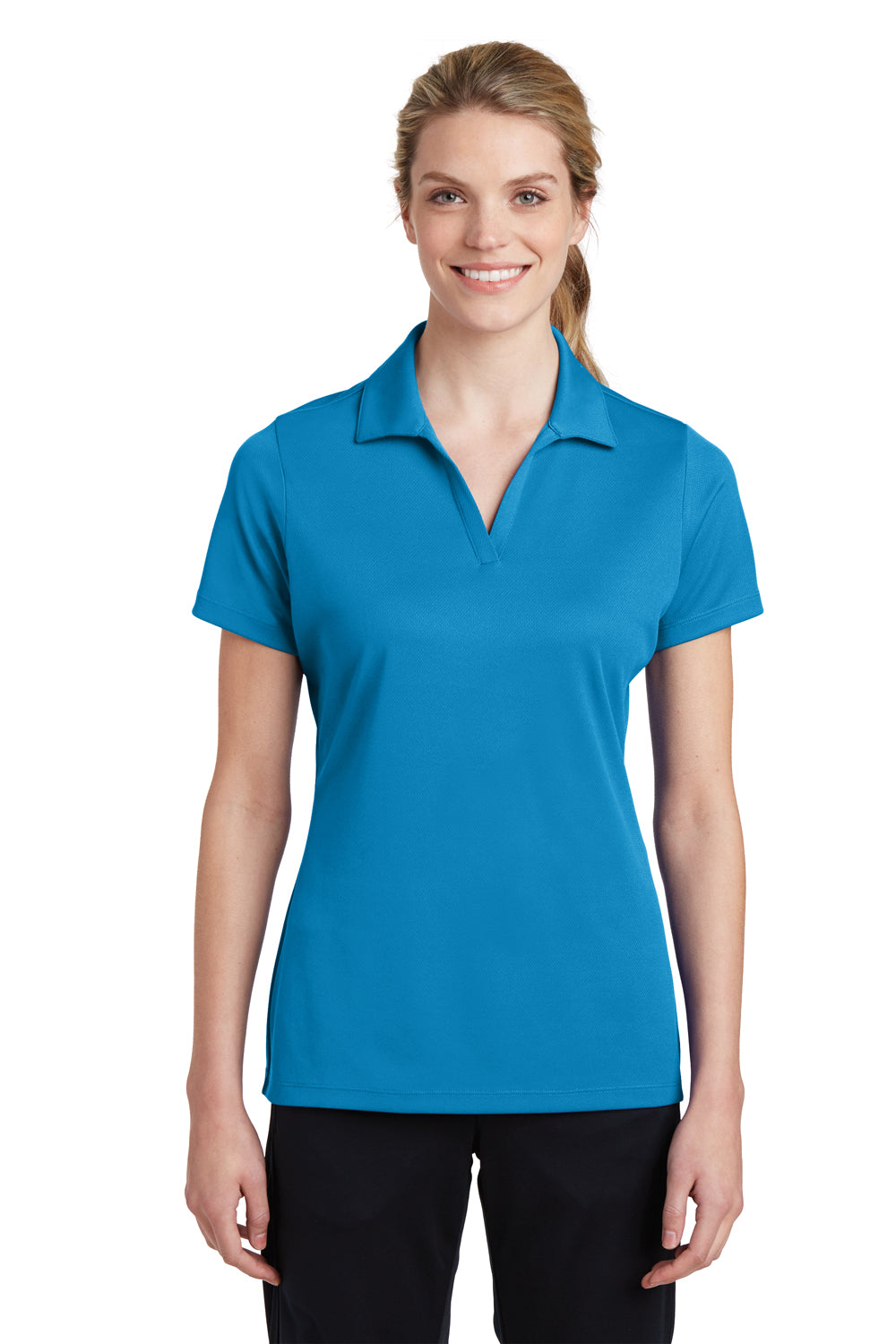 Sport-Tek LST640 Womens RacerMesh Moisture Wicking Short Sleeve Polo Shirt Pond Blue Front