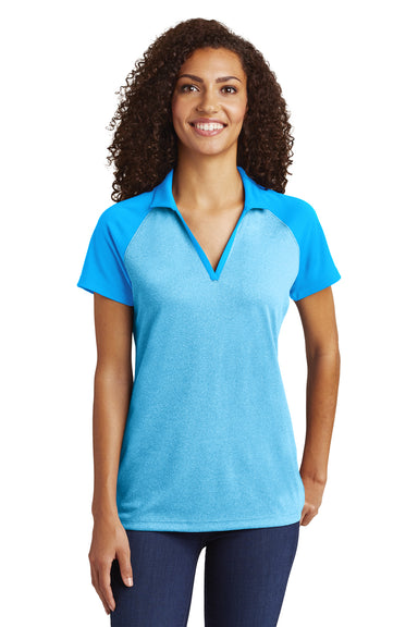 Sport-Tek LST641 Womens RacerMesh Moisture Wicking Short Sleeve Polo Shirt Heather Pond Blue/Pond Blue Front