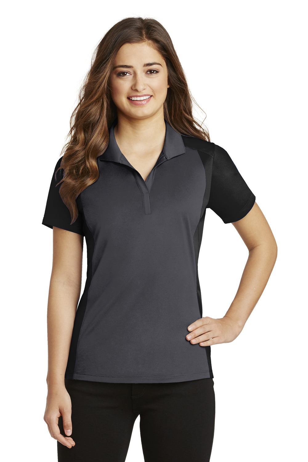Sport-Tek LST652 Womens Sport-Wick Moisture Wicking Short Sleeve Polo Shirt Iron Grey/Black Front