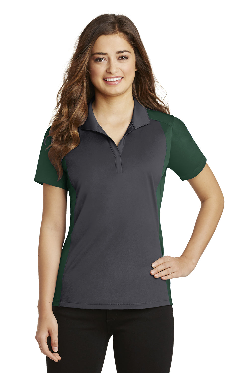 Sport-Tek LST652 Womens Sport-Wick Moisture Wicking Short Sleeve Polo Shirt Iron Grey/Forest Green Front