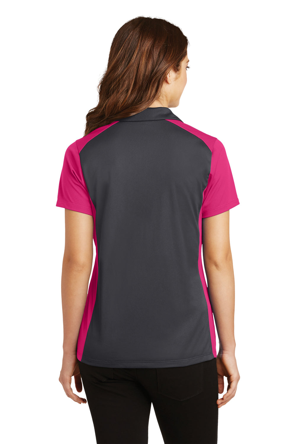 Sport-Tek LST652 Womens Sport-Wick Moisture Wicking Short Sleeve Polo Shirt Iron Grey/Fuchsia Pink Back