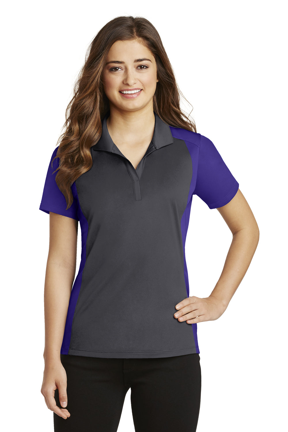 Sport-Tek LST652 Womens Sport-Wick Moisture Wicking Short Sleeve Polo Shirt Iron Grey/Purple Front
