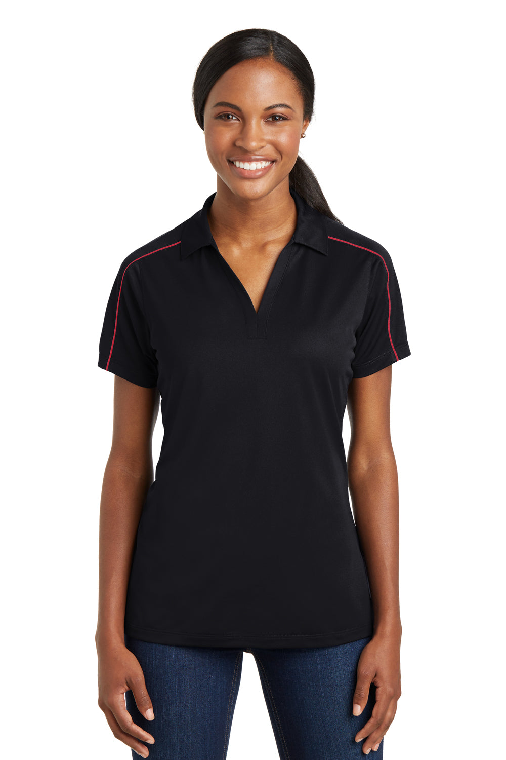 Sport-Tek LST653 Womens Sport-Wick Moisture Wicking Short Sleeve Polo Shirt Black/Red Front