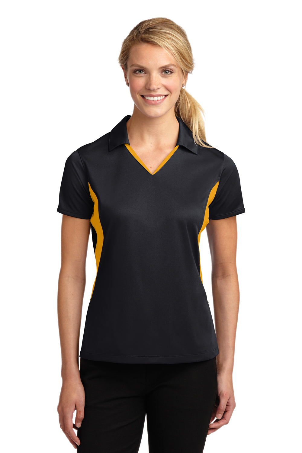 Sport-Tek LST655 Womens Sport-Wick Moisture Wicking Short Sleeve Polo Shirt Black/Gold Front